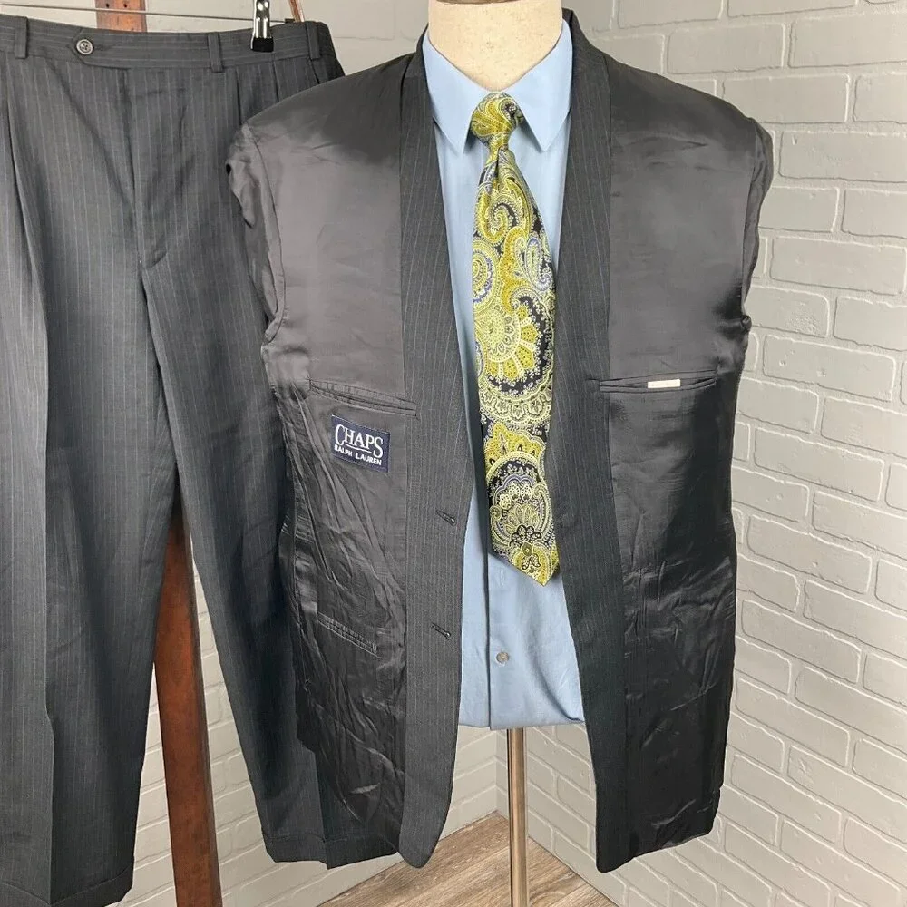 Ralph Lauren‎ Chaps Suit Men 42 34Wx28L Gray Blue Pinstripe Cashmere Wool Canada